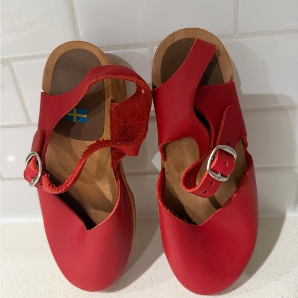 Swedish Red Leather Clogs with Wooden Sole Size 40 - Picture 8 of 12